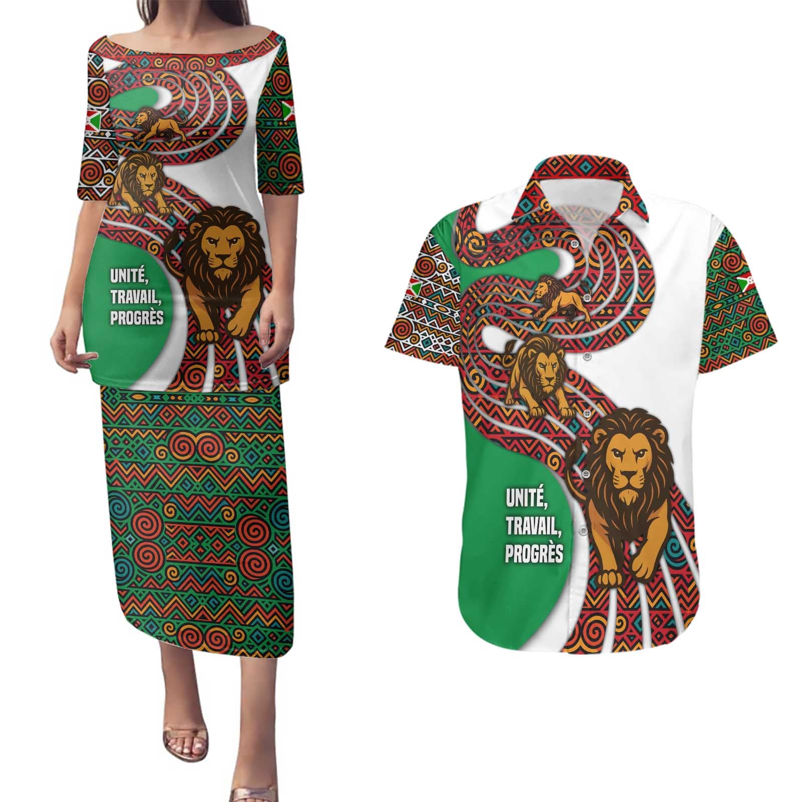 Burundi Lion Tribal Pattern Couples Matching Puletasi and Hawaiian Shirt with National Motto Unité Travail Progrès