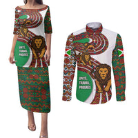 Burundi Lion Tribal Pattern Couples Matching Puletasi and Long Sleeve Button Shirt with National Motto Unité Travail Progrès