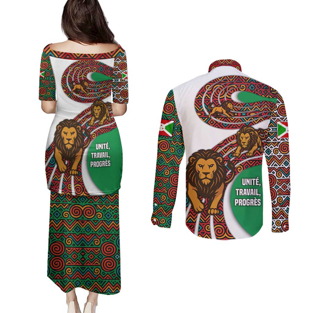 Burundi Lion Tribal Pattern Couples Matching Puletasi and Long Sleeve Button Shirt with National Motto Unité Travail Progrès