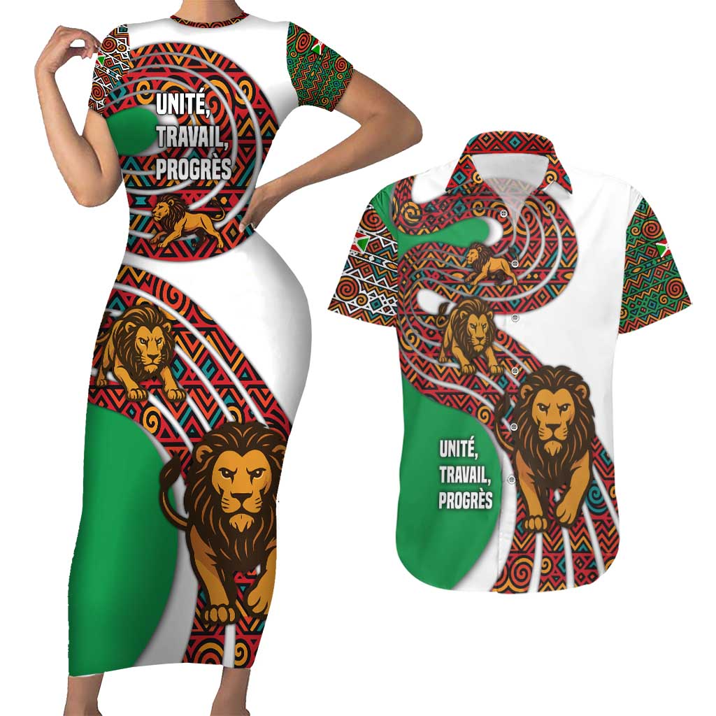 Burundi Lion Tribal Pattern Couples Matching Short Sleeve Bodycon Dress and Hawaiian Shirt with National Motto Unité Travail Progrès