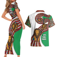 Burundi Lion Tribal Pattern Couples Matching Short Sleeve Bodycon Dress and Hawaiian Shirt with National Motto Unité Travail Progrès