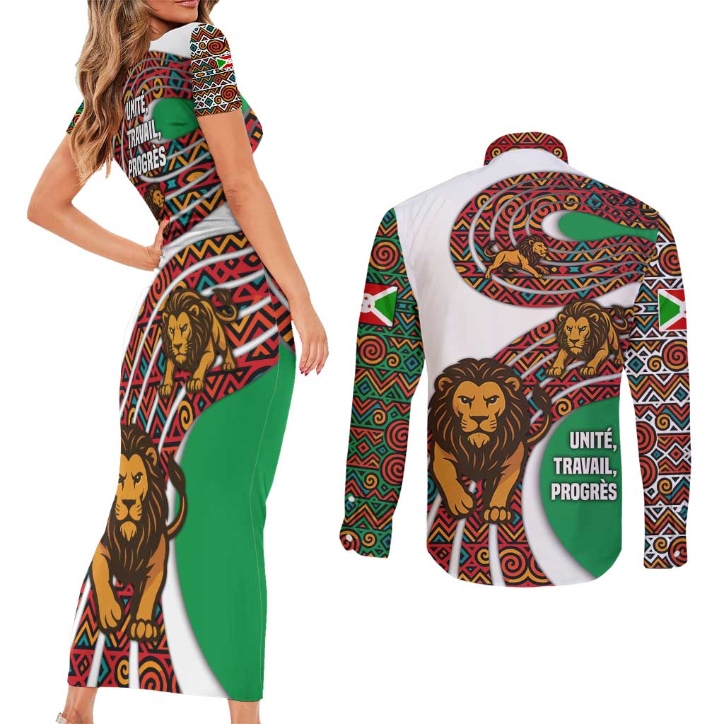 Burundi Lion Tribal Pattern Couples Matching Short Sleeve Bodycon Dress and Long Sleeve Button Shirt with National Motto Unité Travail Progrès
