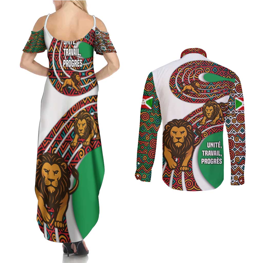 Burundi Lion Tribal Pattern Couples Matching Summer Maxi Dress and Long Sleeve Button Shirt with National Motto Unité Travail Progrès