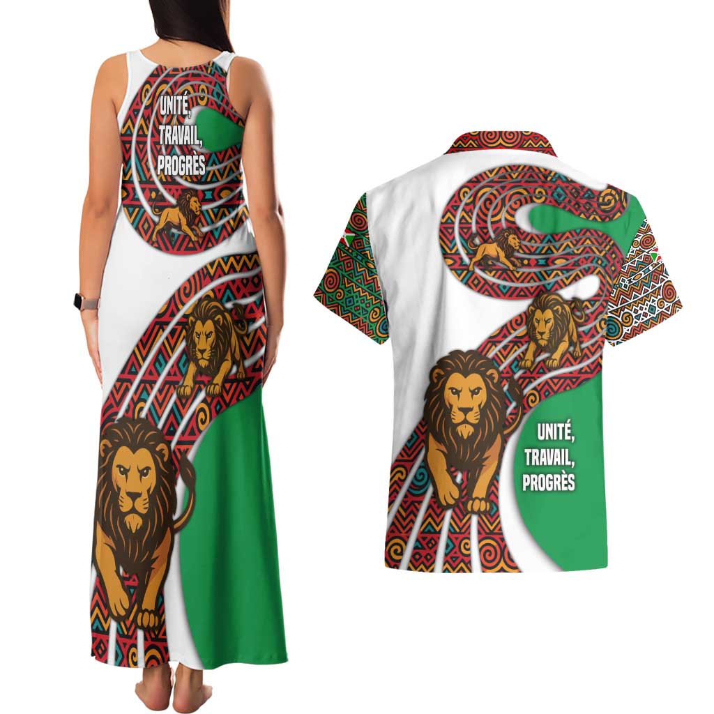 Burundi Lion Tribal Pattern Couples Matching Tank Maxi Dress and Hawaiian Shirt with National Motto Unité Travail Progrès