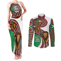 Burundi Lion Tribal Pattern Couples Matching Tank Maxi Dress and Long Sleeve Button Shirt with National Motto Unité Travail Progrès