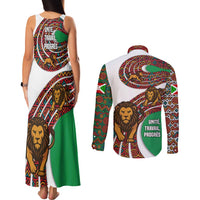 Burundi Lion Tribal Pattern Couples Matching Tank Maxi Dress and Long Sleeve Button Shirt with National Motto Unité Travail Progrès