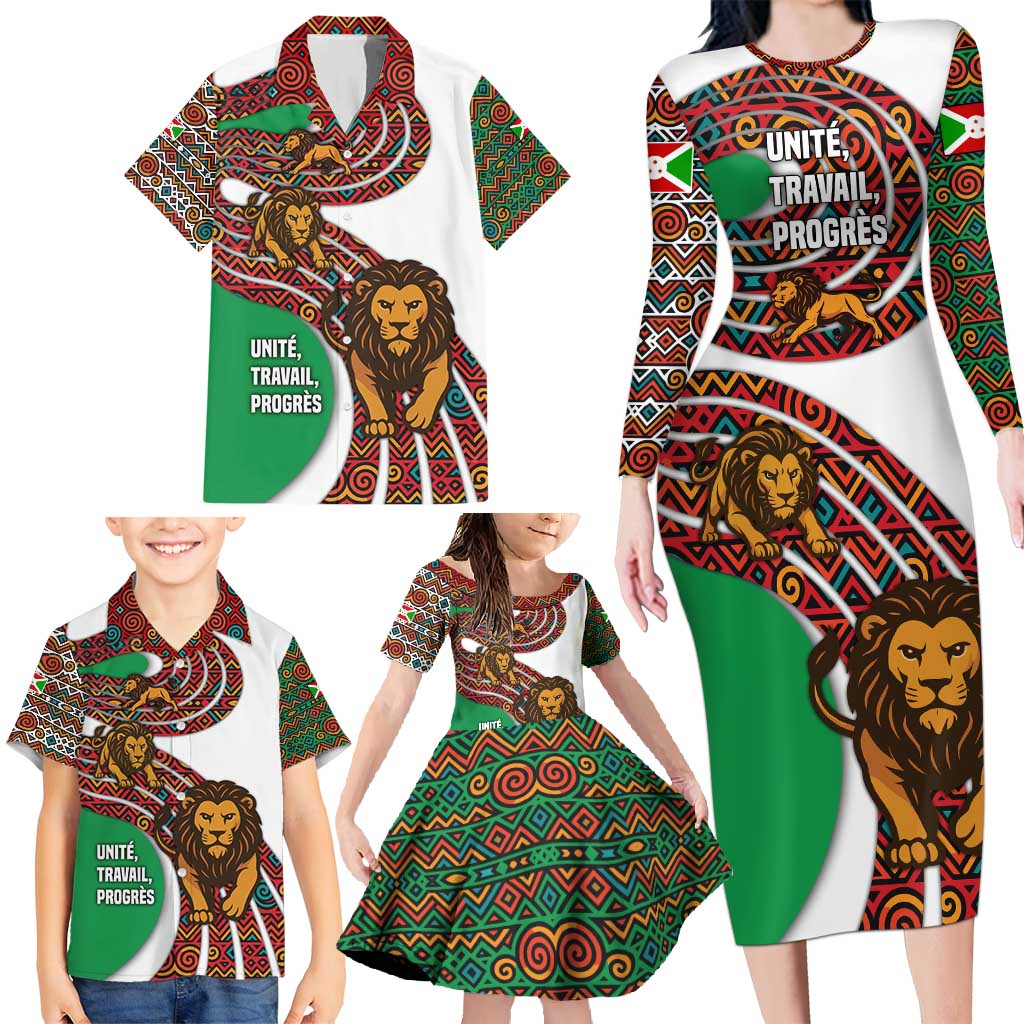 Burundi Lion Tribal Pattern Family Matching Long Sleeve Bodycon Dress and Hawaiian Shirt with National Motto Unité Travail Progrès