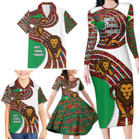 Burundi Lion Tribal Pattern Family Matching Long Sleeve Bodycon Dress and Hawaiian Shirt with National Motto Unité Travail Progrès