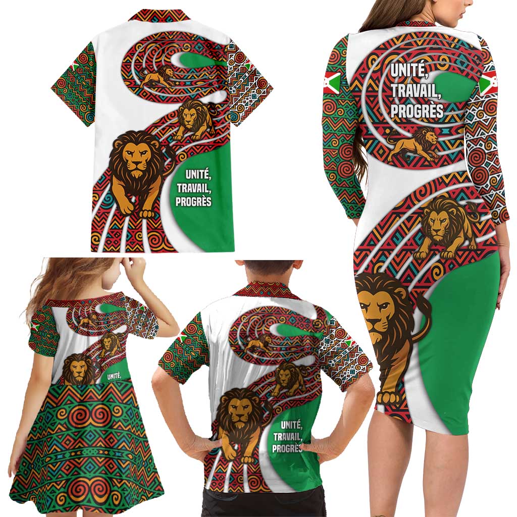 Burundi Lion Tribal Pattern Family Matching Long Sleeve Bodycon Dress and Hawaiian Shirt with National Motto Unité Travail Progrès