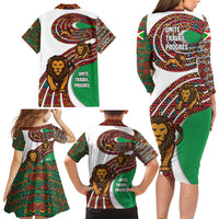 Burundi Lion Tribal Pattern Family Matching Long Sleeve Bodycon Dress and Hawaiian Shirt with National Motto Unité Travail Progrès