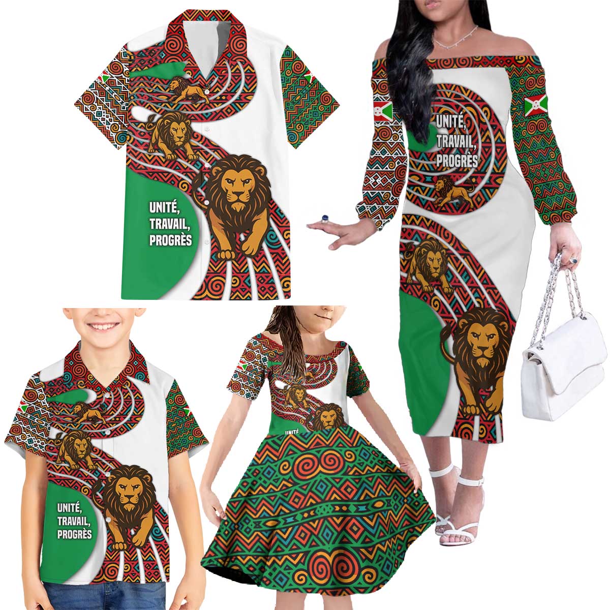 Burundi Lion Tribal Pattern Family Matching Off The Shoulder Long Sleeve Dress and Hawaiian Shirt with National Motto Unité Travail Progrès