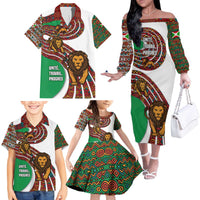 Burundi Lion Tribal Pattern Family Matching Off The Shoulder Long Sleeve Dress and Hawaiian Shirt with National Motto Unité Travail Progrès
