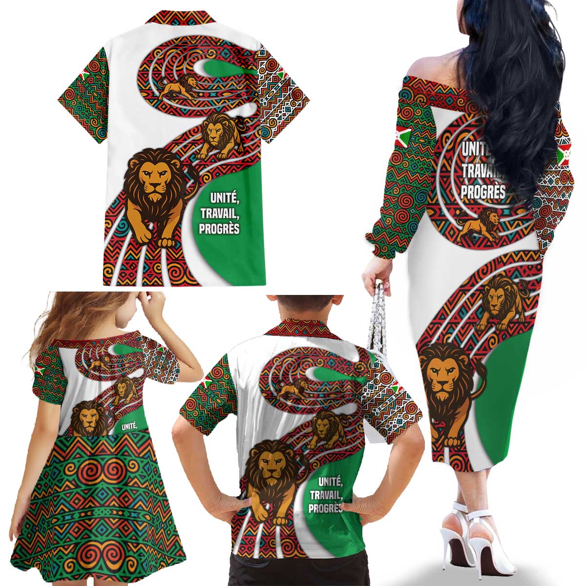 Burundi Lion Tribal Pattern Family Matching Off The Shoulder Long Sleeve Dress and Hawaiian Shirt with National Motto Unité Travail Progrès