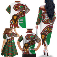 Burundi Lion Tribal Pattern Family Matching Off The Shoulder Long Sleeve Dress and Hawaiian Shirt with National Motto Unité Travail Progrès