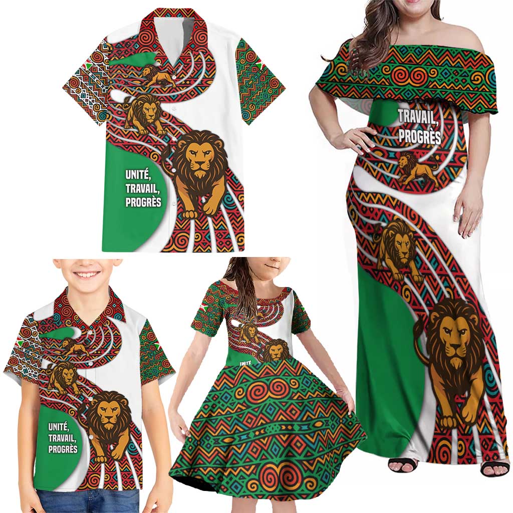 Burundi Lion Tribal Pattern Family Matching Off Shoulder Maxi Dress and Hawaiian Shirt with National Motto Unité Travail Progrès