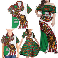 Burundi Lion Tribal Pattern Family Matching Off Shoulder Maxi Dress and Hawaiian Shirt with National Motto Unité Travail Progrès
