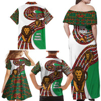 Burundi Lion Tribal Pattern Family Matching Off Shoulder Maxi Dress and Hawaiian Shirt with National Motto Unité Travail Progrès