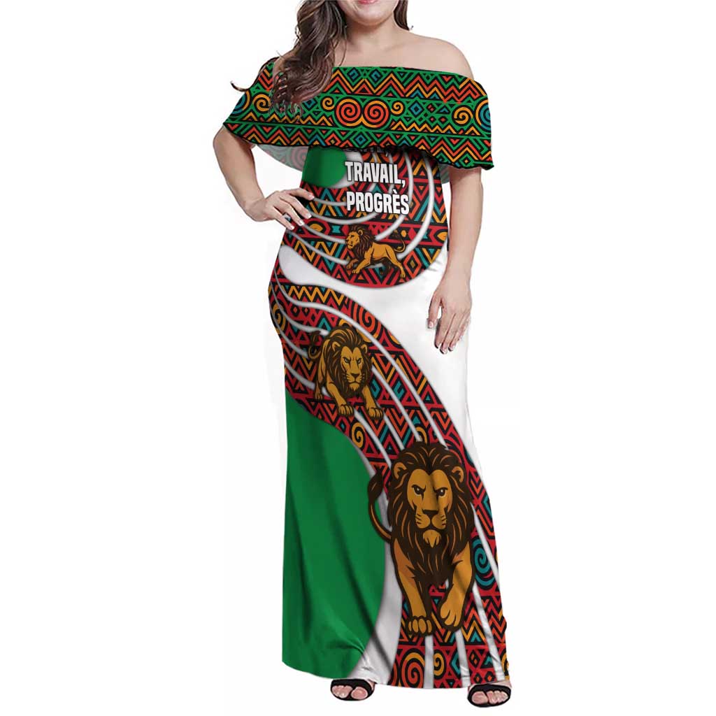 Burundi Lion Tribal Pattern Family Matching Off Shoulder Maxi Dress and Hawaiian Shirt with National Motto Unité Travail Progrès