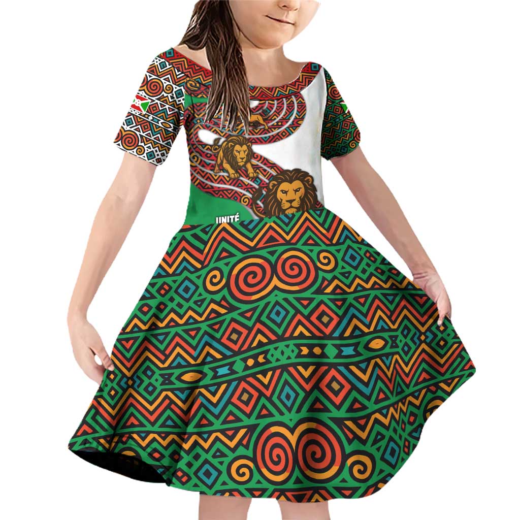 Burundi Lion Tribal Pattern Family Matching Off Shoulder Short Dress and Hawaiian Shirt with National Motto Unité Travail Progrès