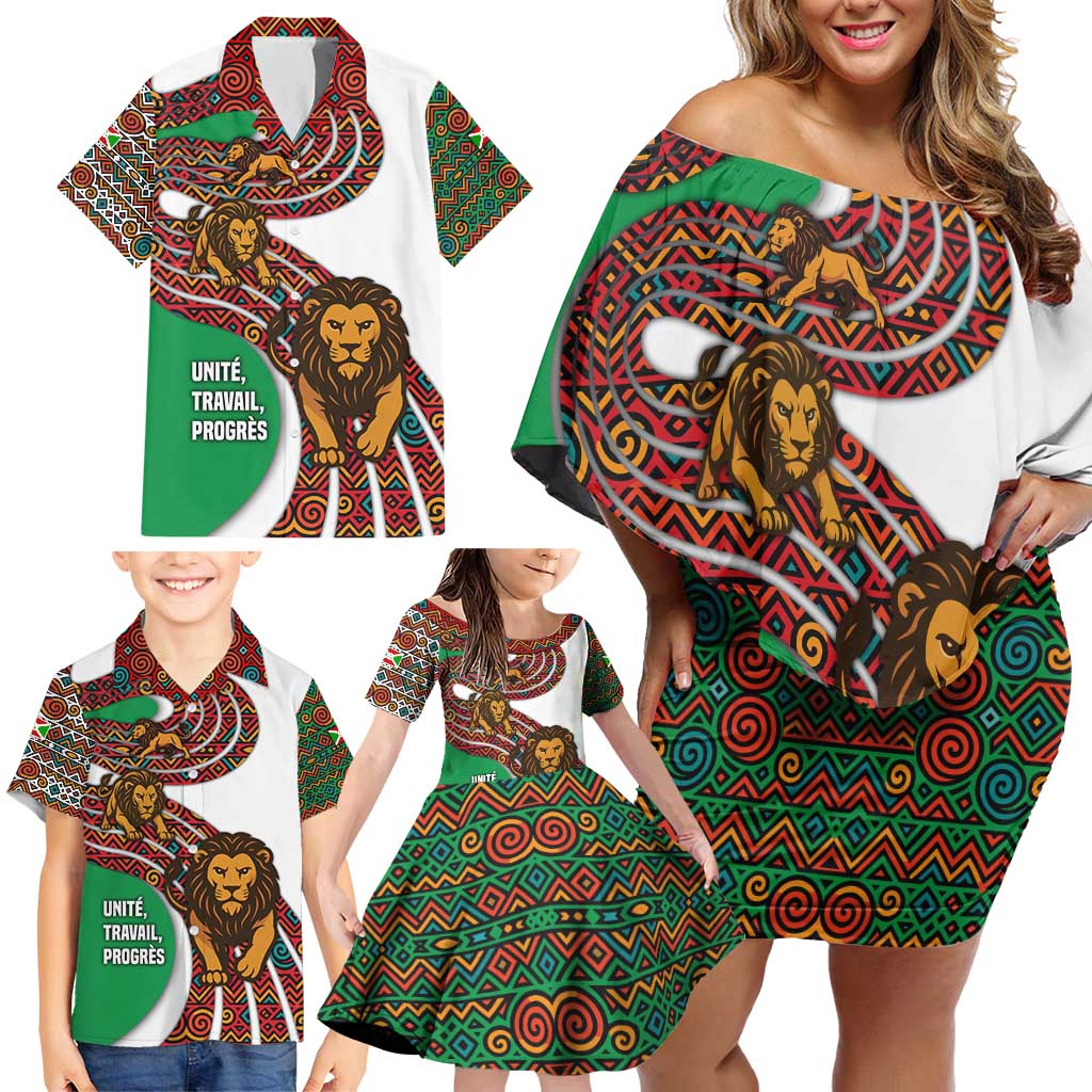 Burundi Lion Tribal Pattern Family Matching Off Shoulder Short Dress and Hawaiian Shirt with National Motto Unité Travail Progrès