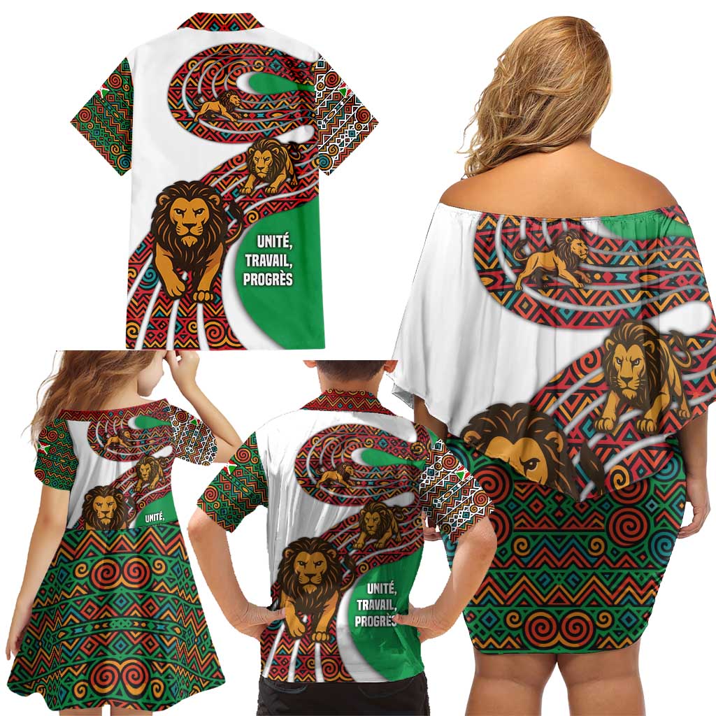 Burundi Lion Tribal Pattern Family Matching Off Shoulder Short Dress and Hawaiian Shirt with National Motto Unité Travail Progrès