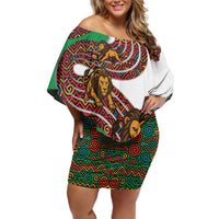 Burundi Lion Tribal Pattern Family Matching Off Shoulder Short Dress and Hawaiian Shirt with National Motto Unité Travail Progrès
