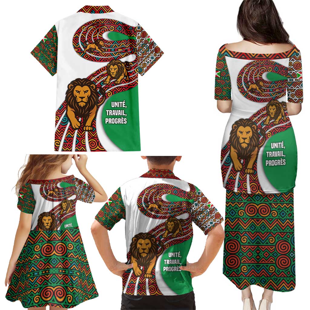 Burundi Lion Tribal Pattern Family Matching Puletasi and Hawaiian Shirt with National Motto Unité Travail Progrès