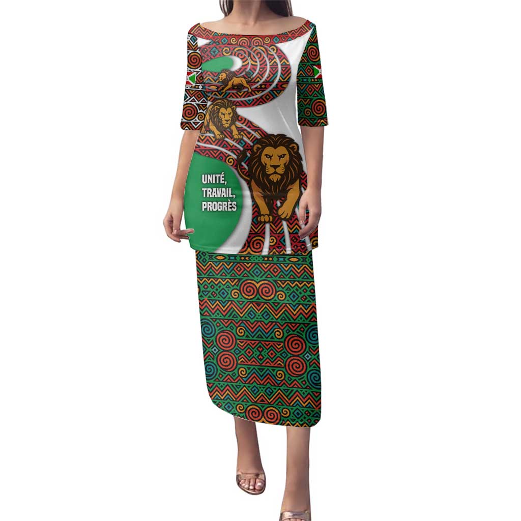 Burundi Lion Tribal Pattern Family Matching Puletasi and Hawaiian Shirt with National Motto Unité Travail Progrès