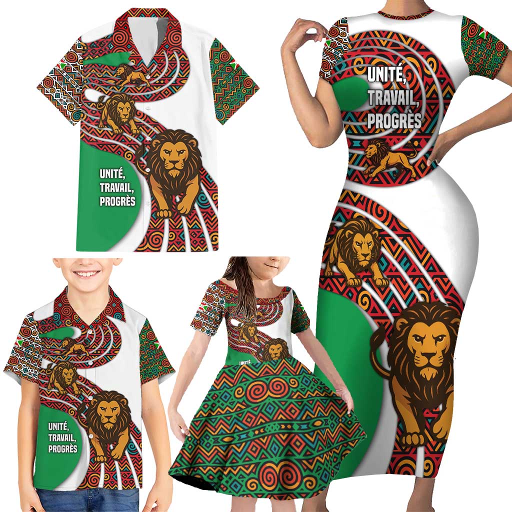 Burundi Lion Tribal Pattern Family Matching Short Sleeve Bodycon Dress and Hawaiian Shirt with National Motto Unité Travail Progrès