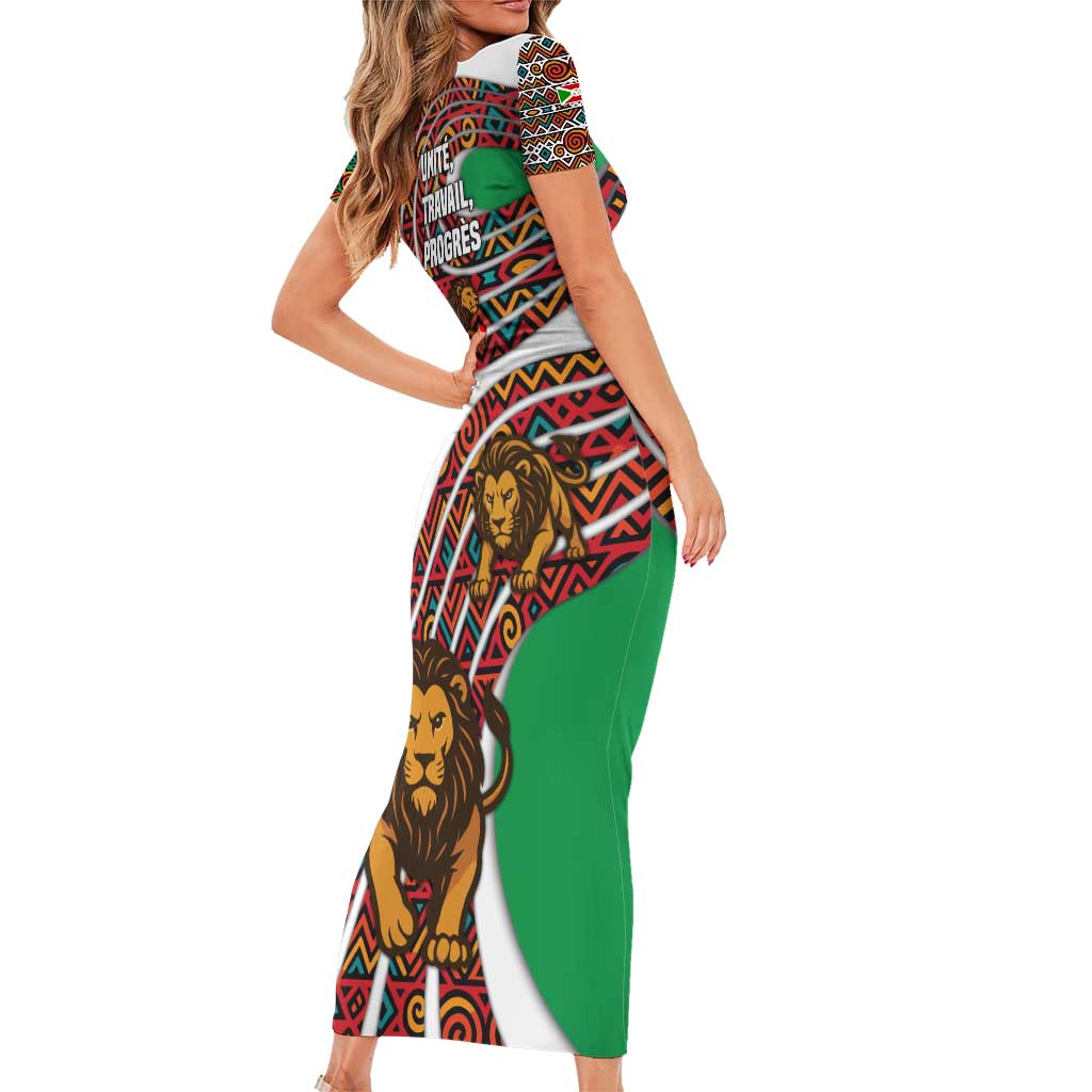 Burundi Lion Tribal Pattern Family Matching Short Sleeve Bodycon Dress and Hawaiian Shirt with National Motto Unité Travail Progrès