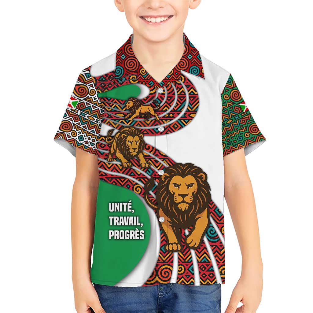 Burundi Lion Tribal Pattern Family Matching Short Sleeve Bodycon Dress and Hawaiian Shirt with National Motto Unité Travail Progrès