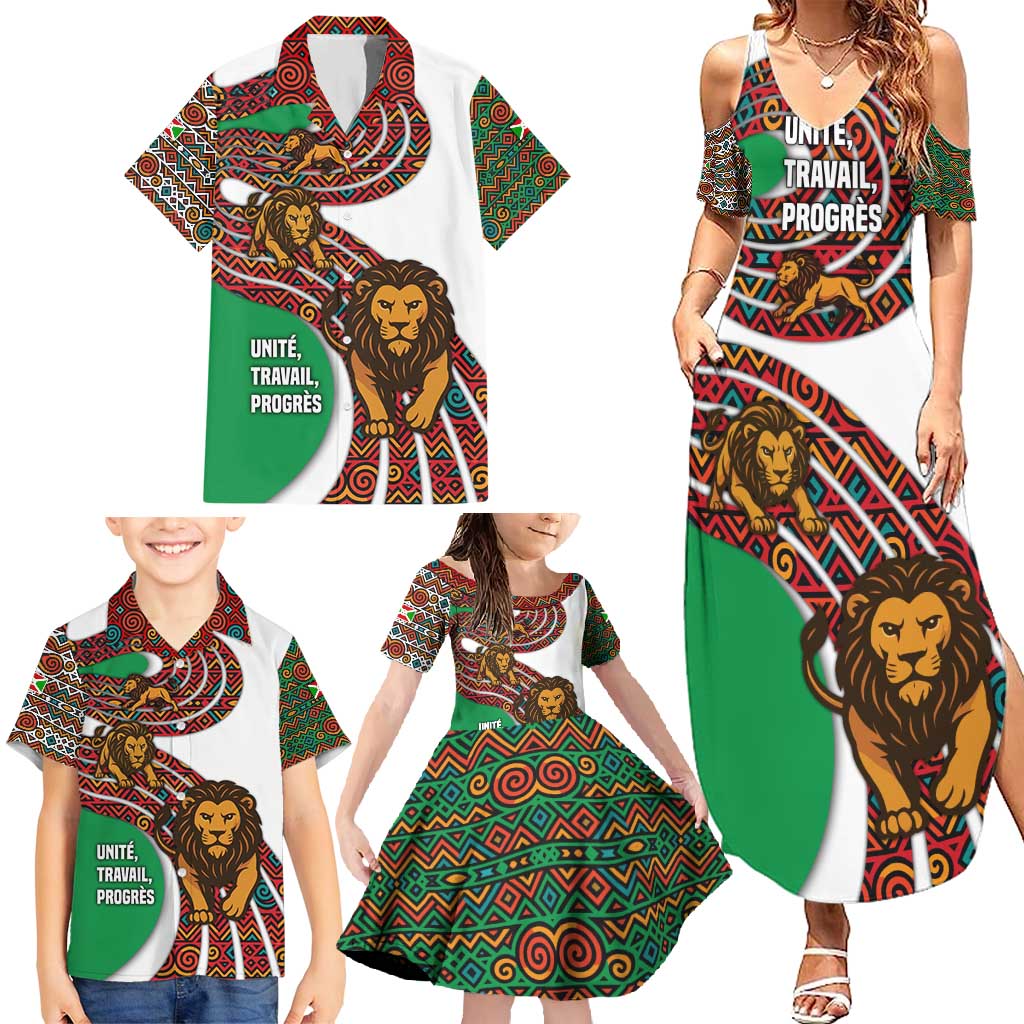 Burundi Lion Tribal Pattern Family Matching Summer Maxi Dress and Hawaiian Shirt with National Motto Unité Travail Progrès