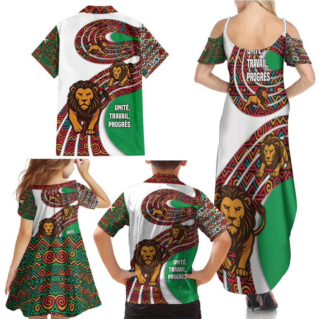 Burundi Lion Tribal Pattern Family Matching Summer Maxi Dress and Hawaiian Shirt with National Motto Unité Travail Progrès