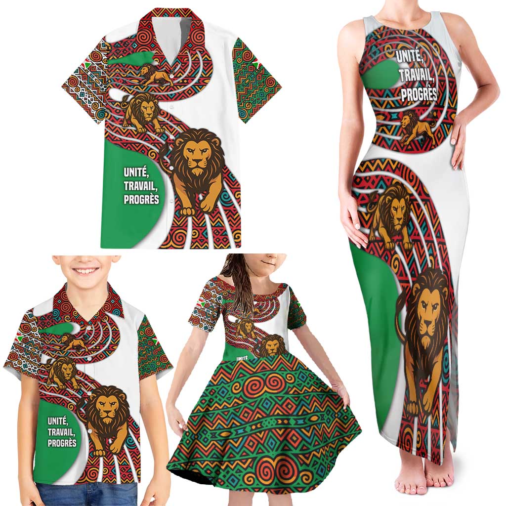 Burundi Lion Tribal Pattern Family Matching Tank Maxi Dress and Hawaiian Shirt with National Motto Unité Travail Progrès