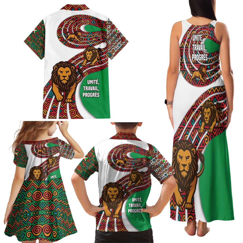 Burundi Lion Tribal Pattern Family Matching Tank Maxi Dress and Hawaiian Shirt with National Motto Unité Travail Progrès