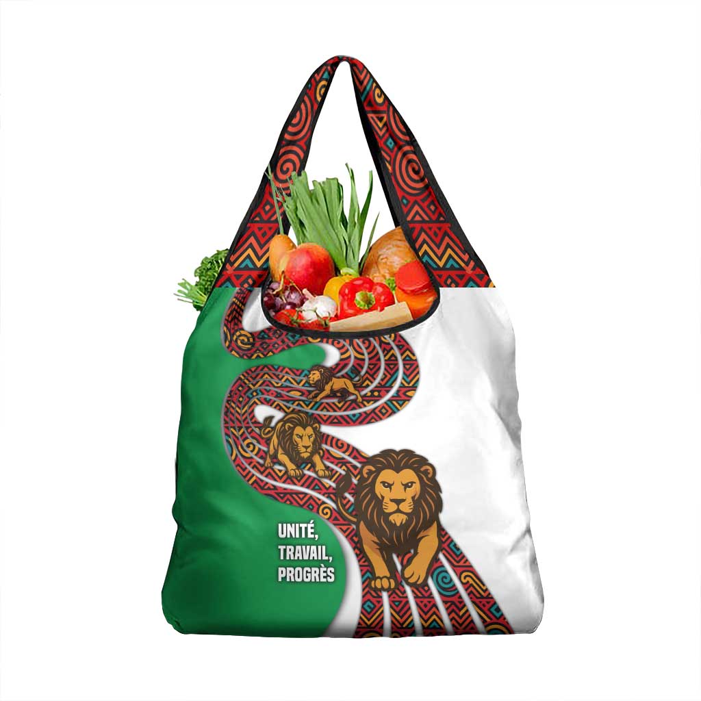 Burundi Lion Tribal Pattern Grocery Bag with National Motto Unité Travail Progrès