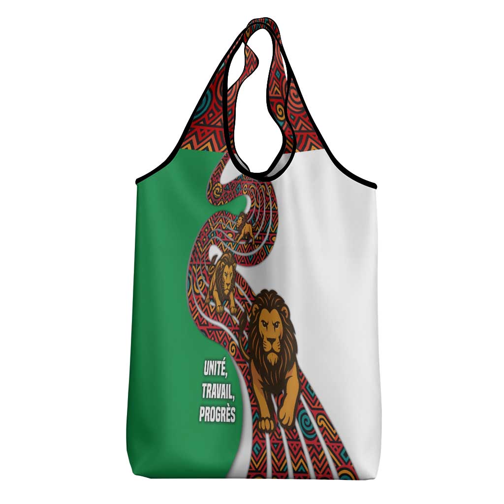 Burundi Lion Tribal Pattern Grocery Bag with National Motto Unité Travail Progrès
