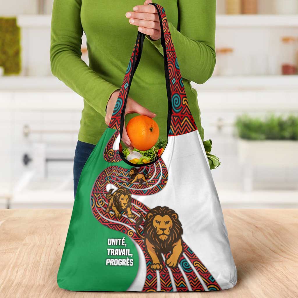 Burundi Lion Tribal Pattern Grocery Bag with National Motto Unité Travail Progrès