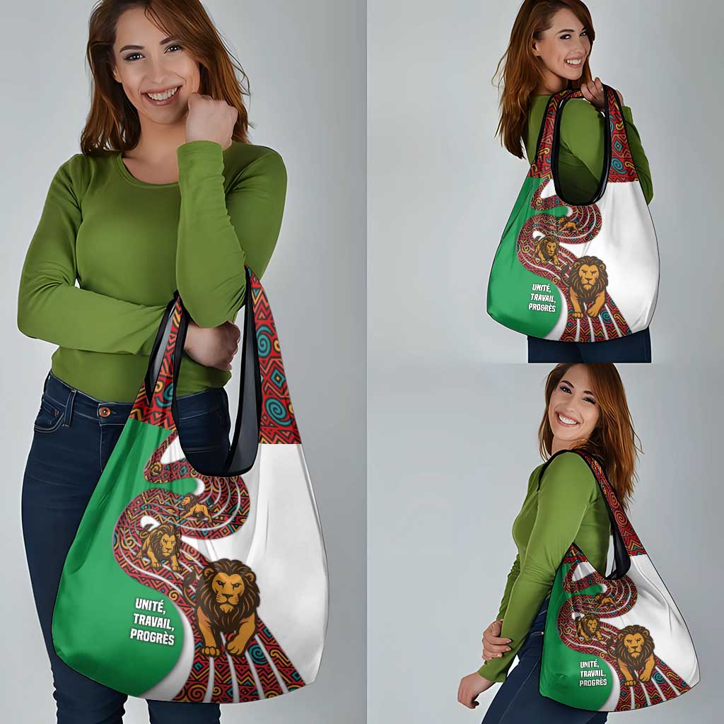 Burundi Lion Tribal Pattern Grocery Bag with National Motto Unité Travail Progrès