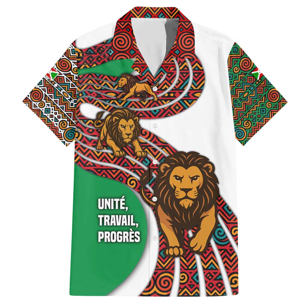 Burundi Lion Tribal Pattern Hawaiian Shirt with National Motto Unité Travail Progrès