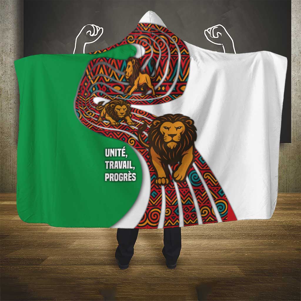 Burundi Lion Tribal Pattern Hooded Blanket with National Motto Unité Travail Progrès