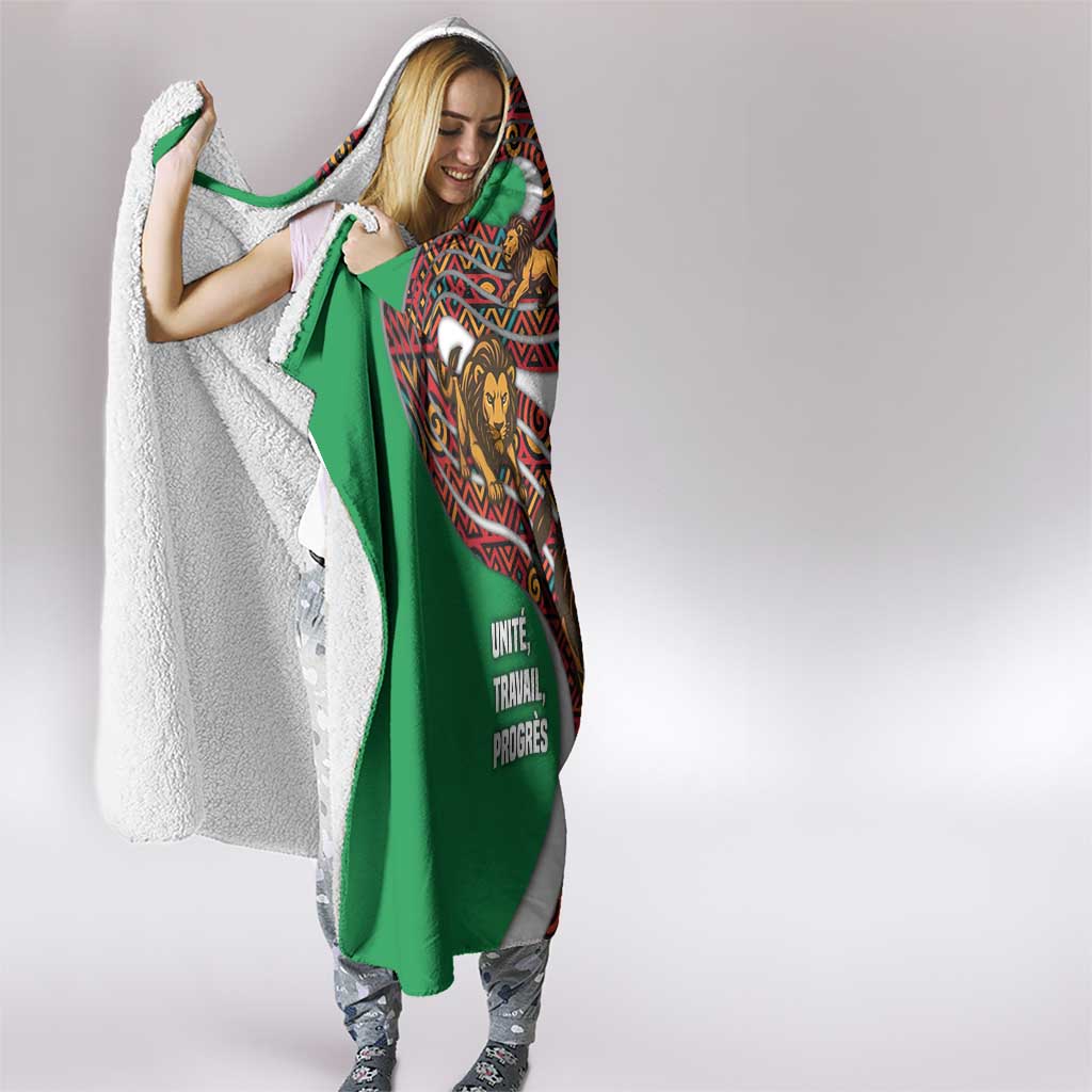 Burundi Lion Tribal Pattern Hooded Blanket with National Motto Unité Travail Progrès