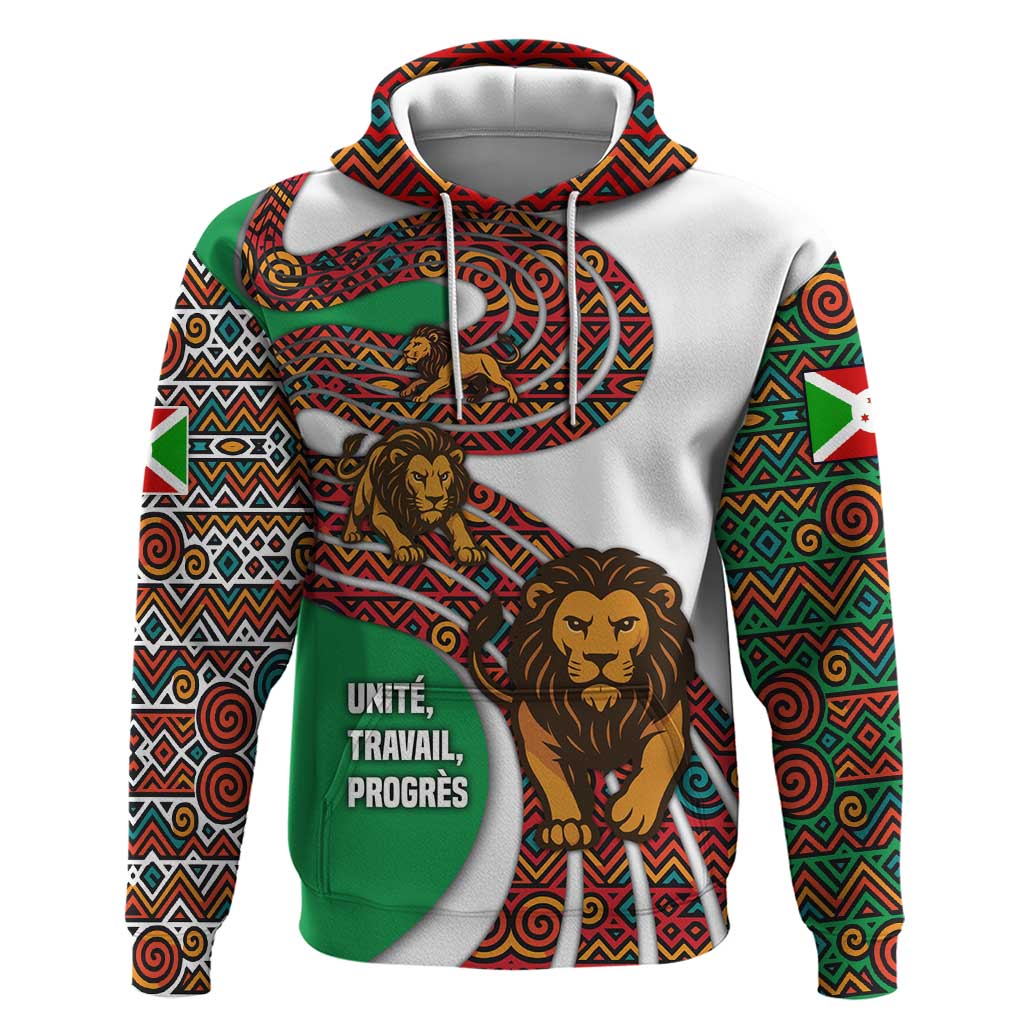 Burundi Lion Tribal Pattern Hoodie with National Motto Unité Travail Progrès