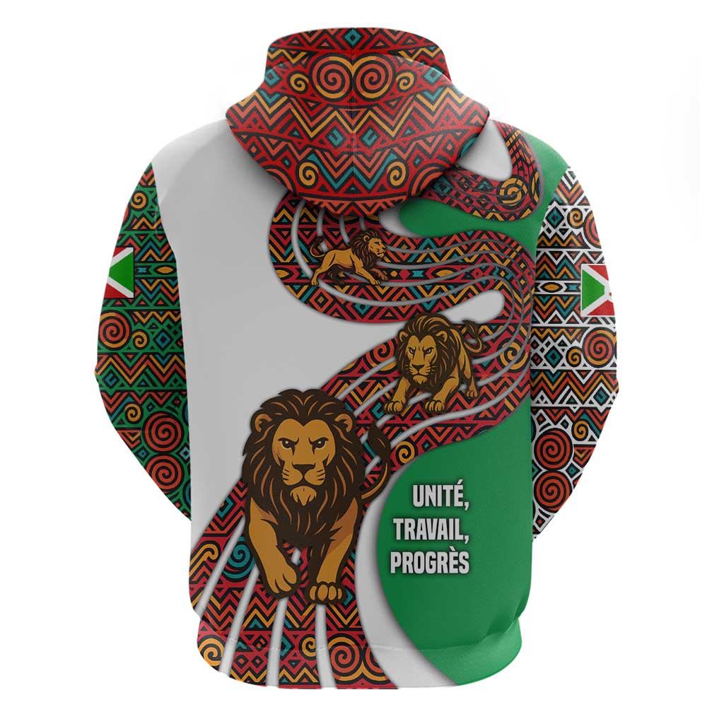 Burundi Lion Tribal Pattern Hoodie with National Motto Unité Travail Progrès