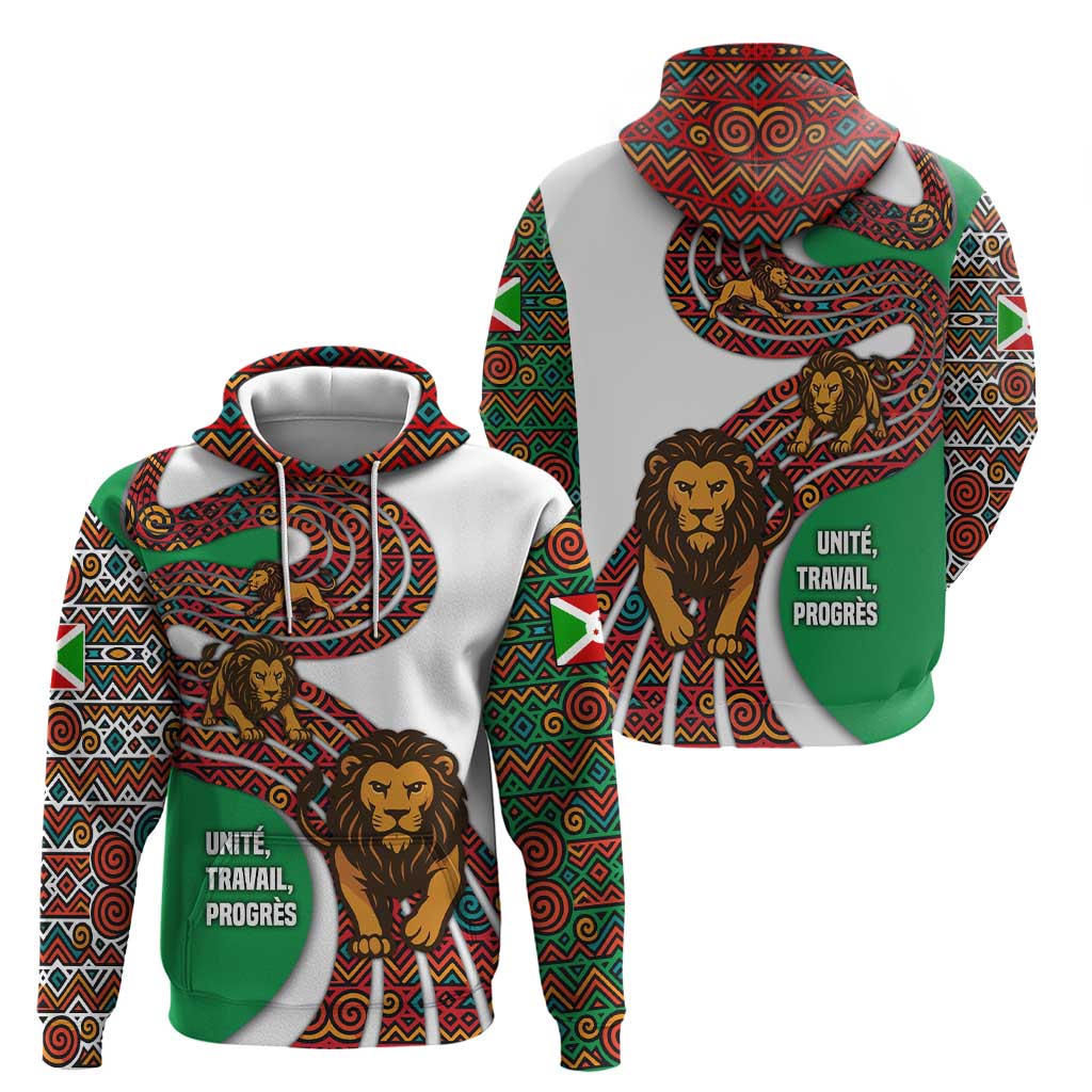Burundi Lion Tribal Pattern Hoodie with National Motto Unité Travail Progrès