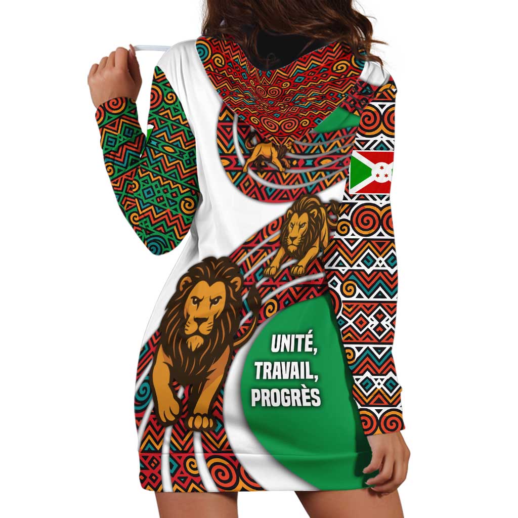Burundi Lion Tribal Pattern Hoodie Dress with National Motto Unité Travail Progrès