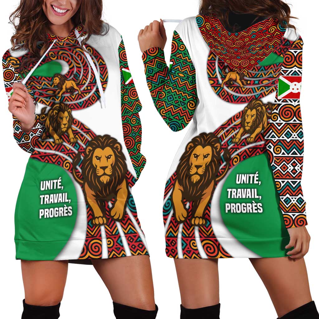 Burundi Lion Tribal Pattern Hoodie Dress with National Motto Unité Travail Progrès