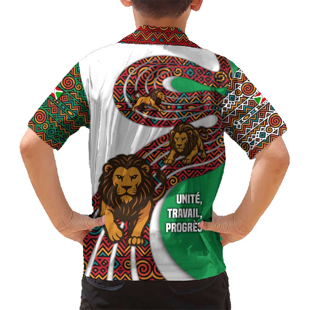 Burundi Lion Tribal Pattern Kid Hawaiian Shirt with National Motto Unité Travail Progrès