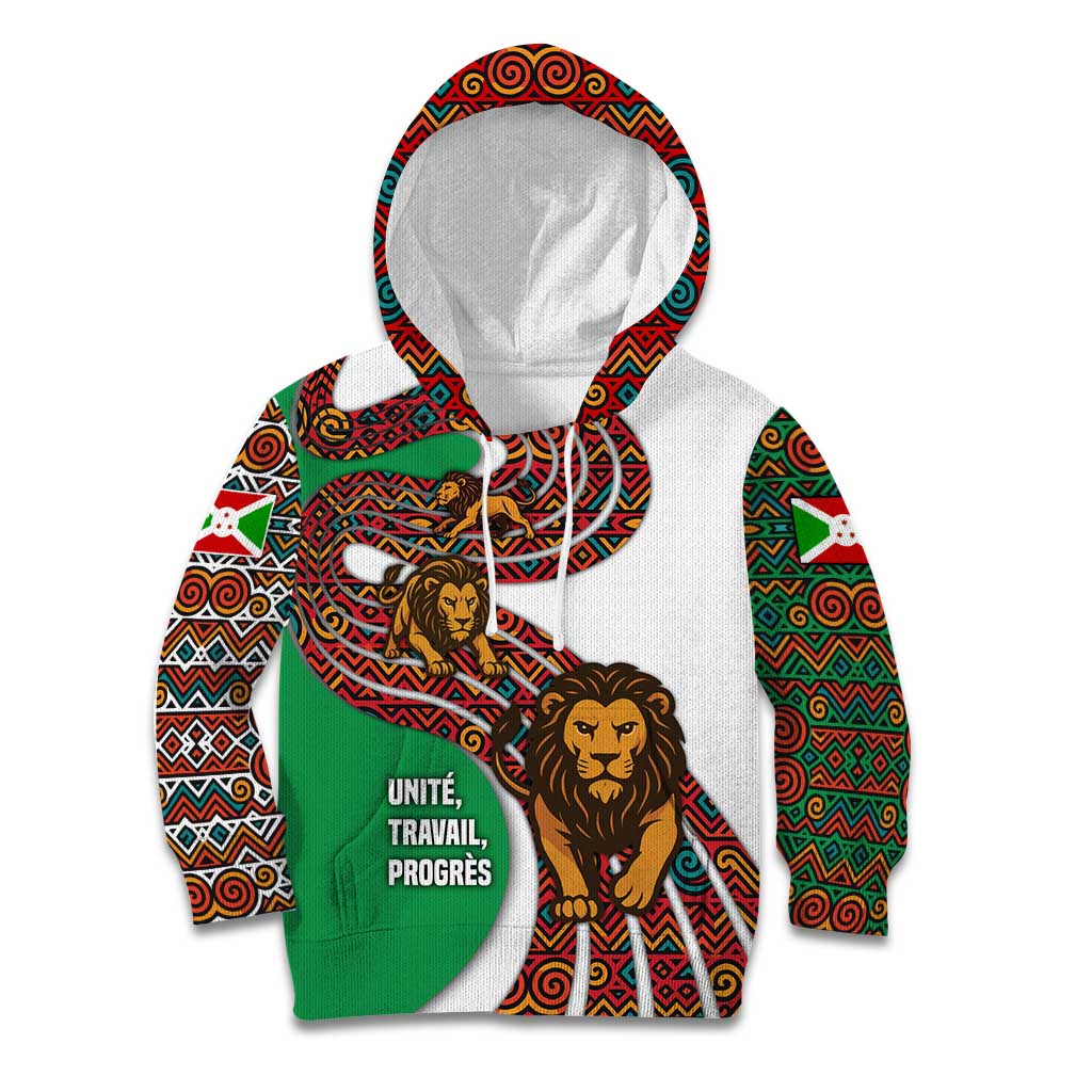 Burundi Lion Tribal Pattern Kid Hoodie with National Motto Unité Travail Progrès