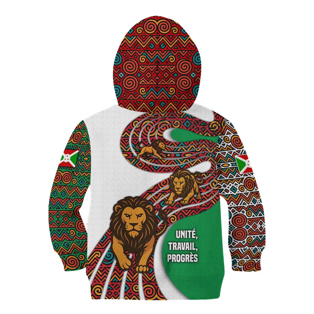 Burundi Lion Tribal Pattern Kid Hoodie with National Motto Unité Travail Progrès